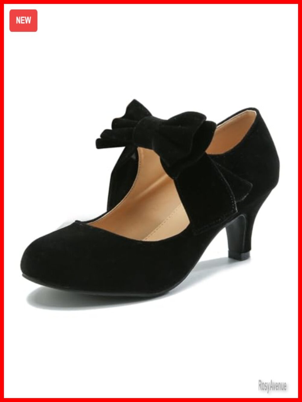 Faux Velvet Kitten Heel Bow Mary Jane Ankle Strap Round Toe Dress Pumps